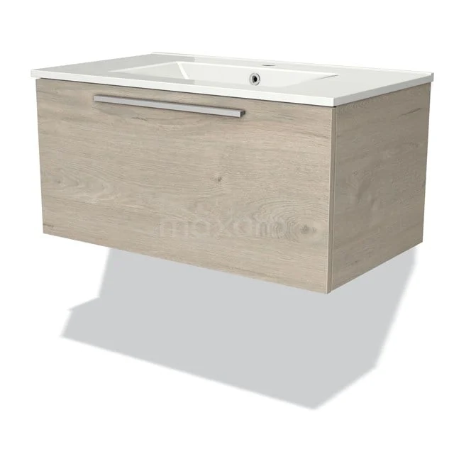 Hängendes Badmöbel mit Waschbecken, Holzoptik, hell Eiche, ausgestattet mit chromfarbener Haltegriff und Softclose-Schublade.