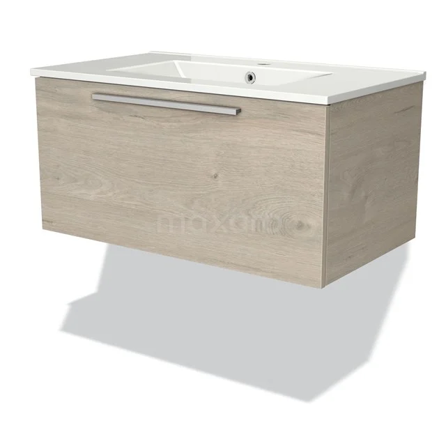 Hängendes Badmöbel mit Waschbecken, Holzoptik, hell Eiche, ausgestattet mit chromfarbener Haltegriff und Softclose-Schublade.