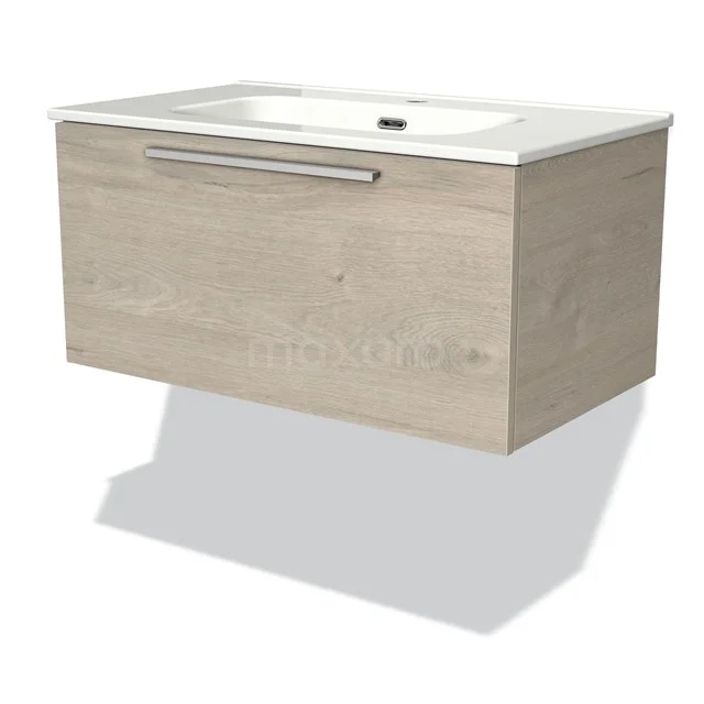 Holz-Waschtisch mit Schublade, helle Eichenoberfläche, schwebendes Design und keramischem Waschbecken, ideal für ein modernes Badezimmer.