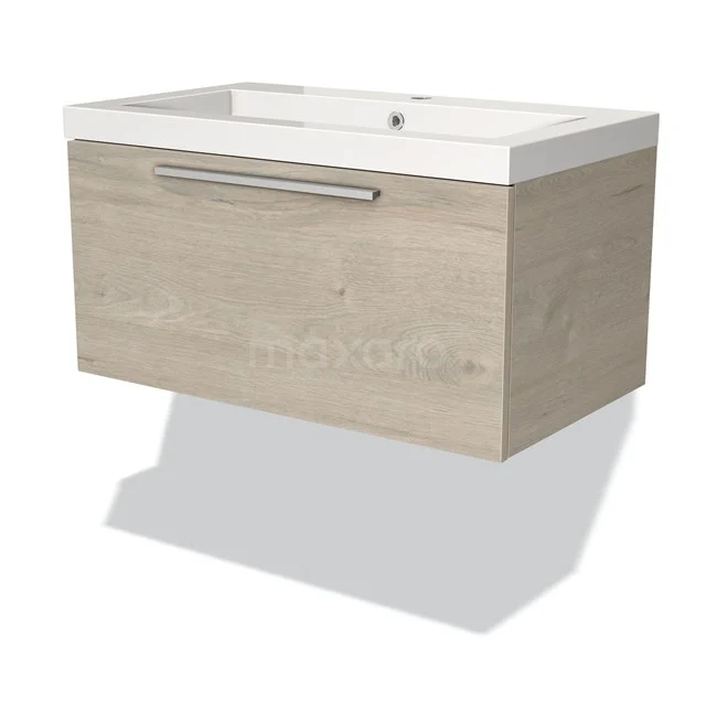 Wooden vanity unit Bathroom Pure series, oak look, with drawers and sleek white basin.