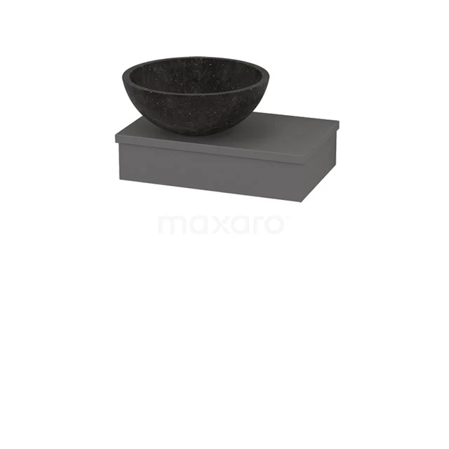 Shelf with countertop wash basin Natural stone Modulo+ Pico Basalt 40cm BMC001169 Black natural stone countertop wash basin on grey drawer unit, ideal for a modern bathroom design.