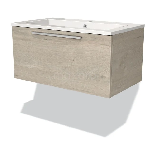 Houten badkamermeubel met wastafel, lichte eikenkleur, strak design en geïntegreerde handgreep, ideaal voor moderne badkamers.