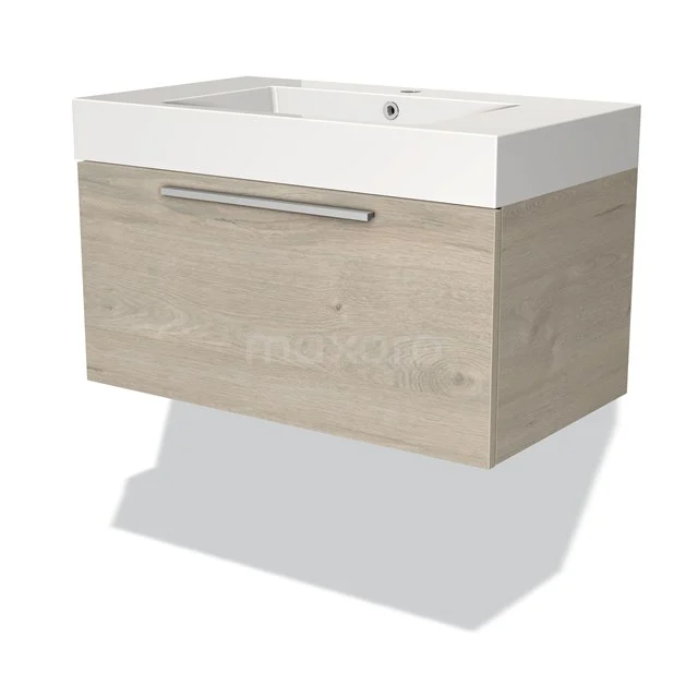 Holz Badezimmermöbel mit weißem Waschbecken und Schublade mit silbernem Haltegriff, modernes Design für stilvolle Bäder.