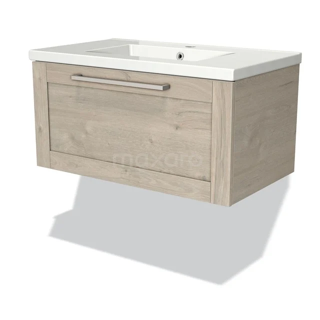 Wooden floating bathroom unit with white vanity units with basin, drawer with metal handle, modern design and rustic oak look.