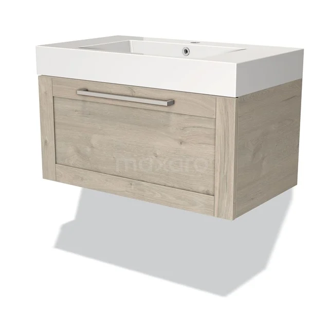 Holz-Badmöbel mit Waschbecken, helle Eichefarbe, modernes Design, metallischer Haltegriff, ideal für kompakte Badezimmer.