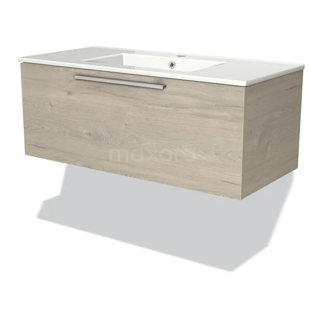 Holz-Badmöbel mit Waschbecken, Eiche-Look, modernes Design, einschließlich metallischem Haltegriff, ideal für zeitgemäße Bäder.