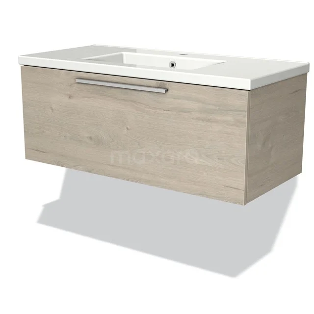 Wooden bathroom unit with basin, drawers, and chic handles, floating design in light oak look, ideal for modern bathrooms.