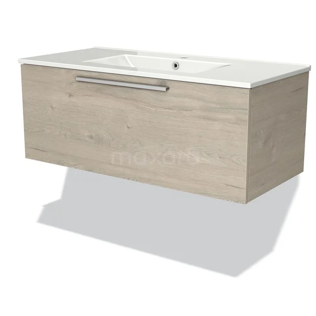 Hölzernes Badmöbel mit Waschbecken, modernes schwebendes Design, helle Holzfarbe, integrierte Schublade und verchromter Haltegriff.