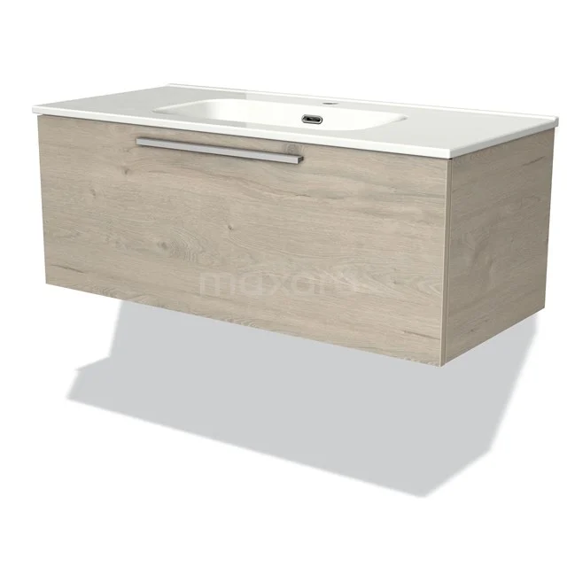 Wooden floating bathroom unit with white vanity units with basin, drawers with wood grain pattern and Stainless steel handle. Modern and stylish design.