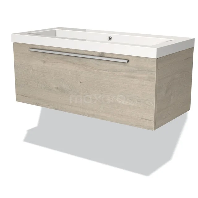 Wooden Bathroom unit with basin, modern design, oak look, one drawer with metal Handle, ideal for stylish bathrooms.
