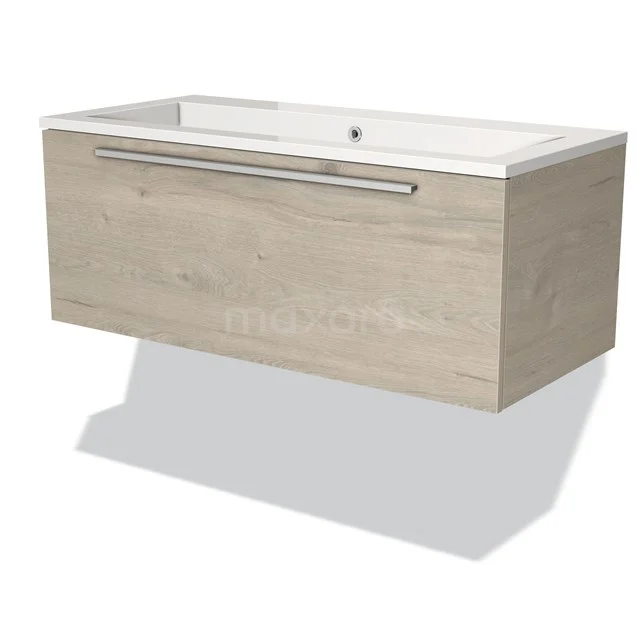 Badmöbel 100cm Modulo Hellgraue Eiche 1 Schublade Flaches Waschbecken Mineralguss BMW11-01645 Wandhängendes Badezimmermöbel, Holzoptik, mit weißem keramischen Waschbecken und metallischem Haltegriff, modernes Design.