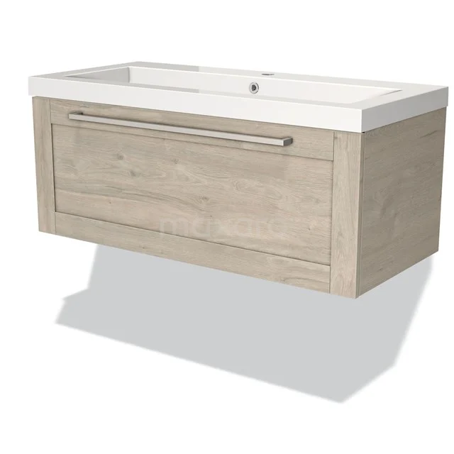 Modulo Vanity units with basin | 100 cm Light grey oak Frame front Mineral marble 1 drawer BMW11-01658 Wooden bathroom unit with drawers, light oak colour, including white basin, modern design for stylish bathroom design.