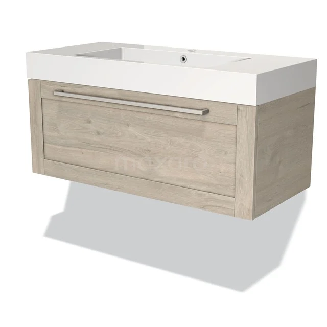 Wooden vanity unit oak-look with white ceramic sink, modern design with integrated towel holder.