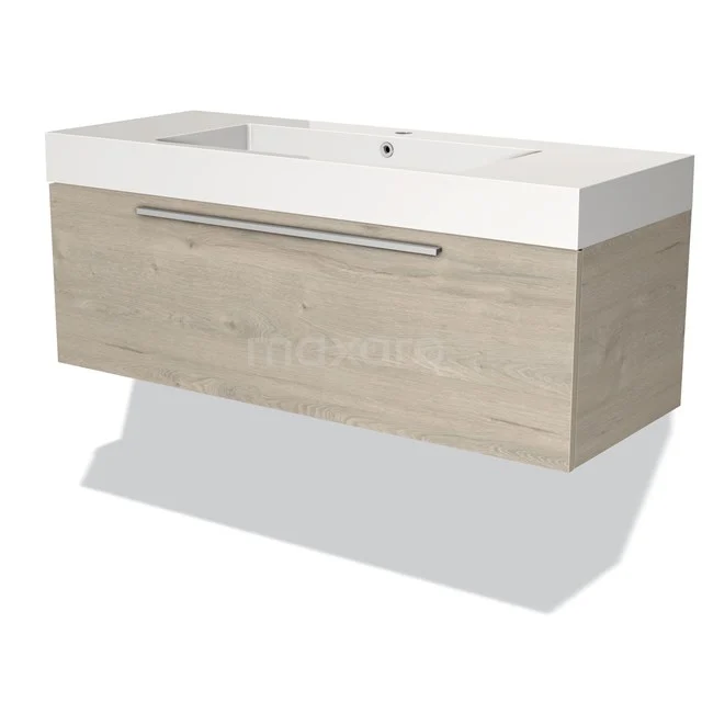 Wooden bathroom unit with white basin, modern finish, horizontal handle and minimalist design.