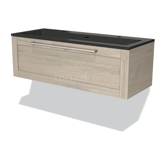 Wooden bathroom unit with drawers, beige wood colour and black natural stone basin worktop, ideal for modern bathroom design.
