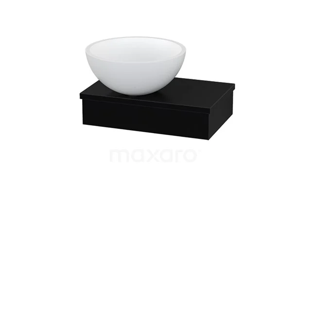 White countertop basin made of ceramic on black wooden basin worktop, modern bathroom design.