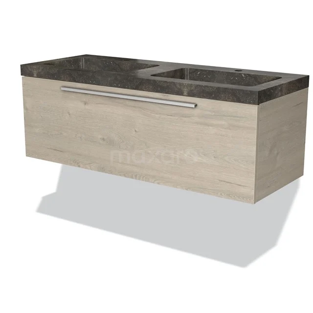 Wooden bathroom unit with dark marble basin, modern chest of drawers and sleek metal handle, ideal for stylish bathrooms.