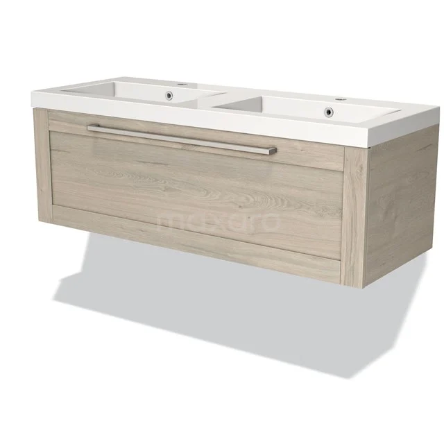 Wooden vanity unit with double white sink, modern bathroom storage, series in light oak finish.