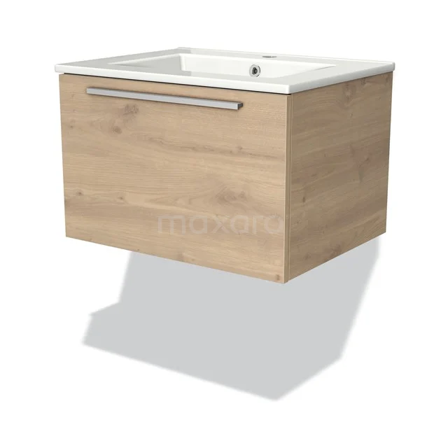 Holz schwebendes Badezimmermöbel mit weißem Waschbecken, Eichenlook, einer Schublade und klarem Design. Perfekt für moderne Bäder.