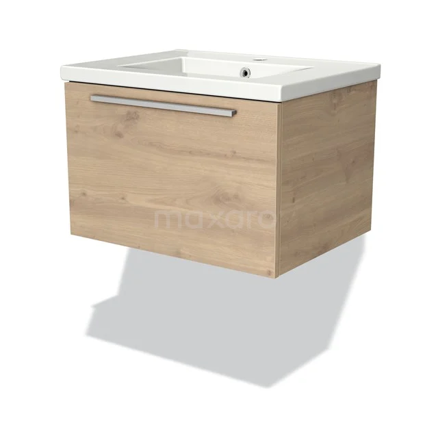 Modulo Waschtische | 60 cm Hellbraune Eiche Flach front Keramik 1 Schublade BMW11-01704 Holz-Badmöbel mit weißem keramischen Waschbecken, Schublade mit Metallgriff und schwebendem Design. Perfekt für moderne Bäder.