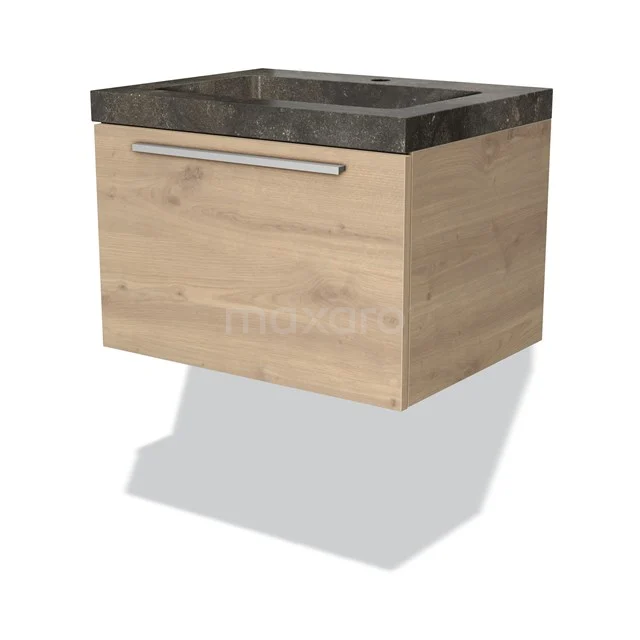 Badmöbel 60cm Modulo Hellbraune Eiche 1 Schublade Flaches Waschbecken Naturstein Blaustein BMW11-01708 Holz Badezimmermöbel mit grauem Waschbecken, modernem Schublade und metallischem Haltegriff; kompaktes Design für ein stilvolles Badezimmer.