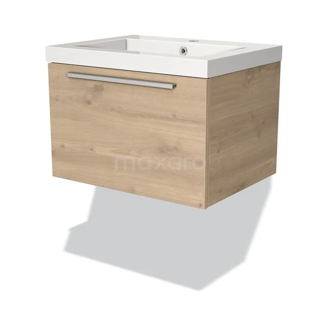 Holz-Badmöbel mit Waschbecken, Eiche-Look, modernes Design, ausgestattet mit integriertem Schubfach und metallischem Haltegriff.