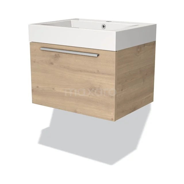 Wooden bathroom unit with drawers and integrated white basin, modern design, perfect for small bathrooms.