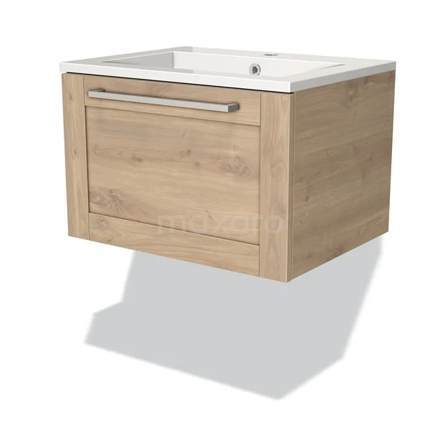 Wooden floating bathroom unit with white vanity units with basin, oak look, drawers with metal handle, ideal for modern bathrooms.