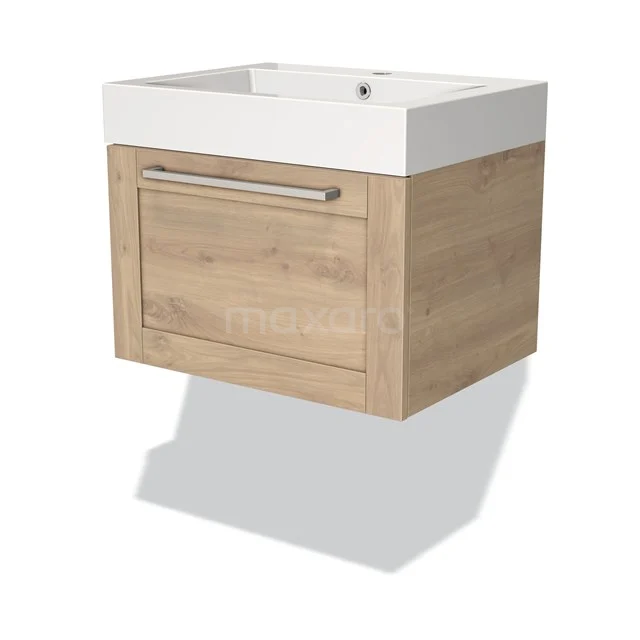 Holz Badezimmermöbel mit weißem keramischen Waschbecken, Schublade mit silberfarbigem Haltegriff, kompaktes Design für moderne Bäder.