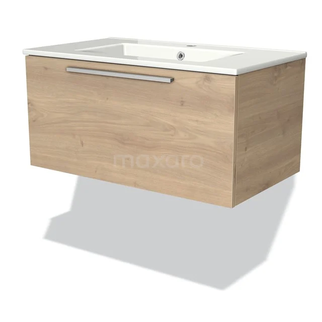Badmöbel 80cm Modulo Hellbraune Eiche 1 Schublade Flaches Waschbecken aus Keramik BMW11-01725 Holz-Badmöbel mit Schublade, hängendes Design, Eichen-Finish und integriertem Waschbecken, ideal für moderne Bäder.