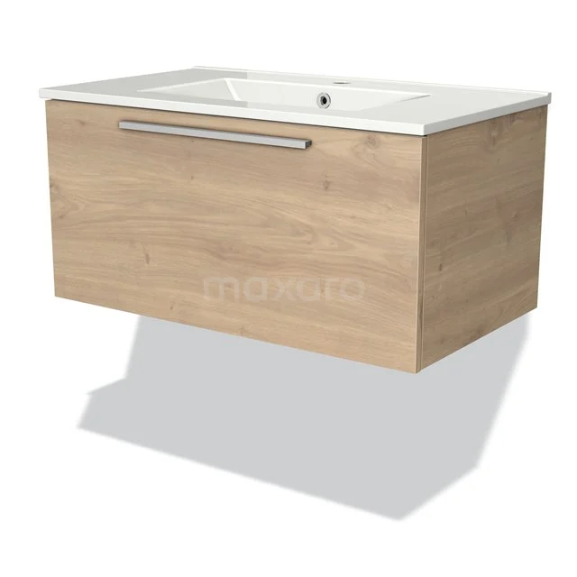 Hängendes Badmöbel in hellem Eichenholz mit weißem keramischen Waschbecken, schlichtes Design und metallischem Haltegriff.