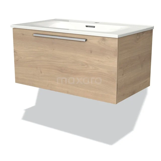 Wooden bathroom unit with drawers, light Oak colour, wall-mounted, including white basin worktop for a modern bathroom style.