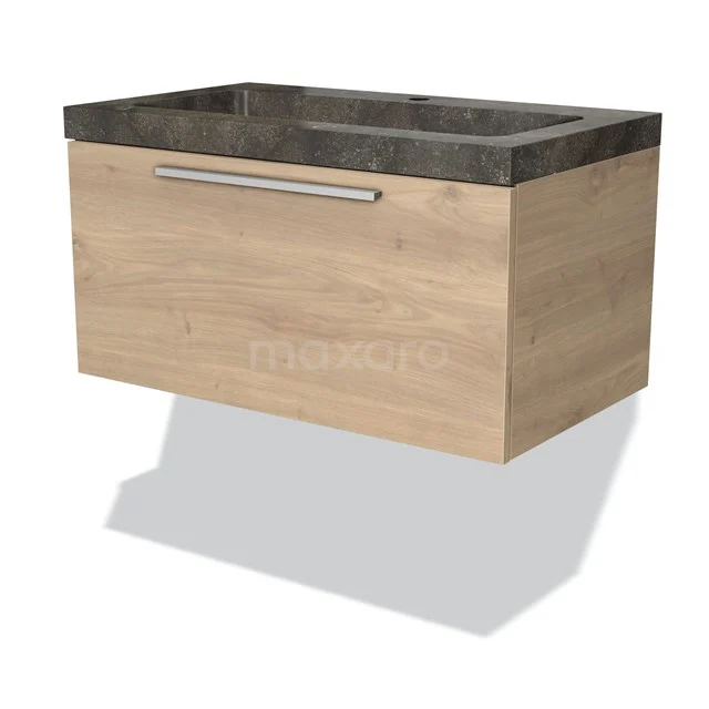 Holz-Waschtisch mit Schublade, Naturstein Aufsatzwaschbecken, Wandmodell, hell Eiche, ideal für eine moderne Badezimmer Einrichtung.