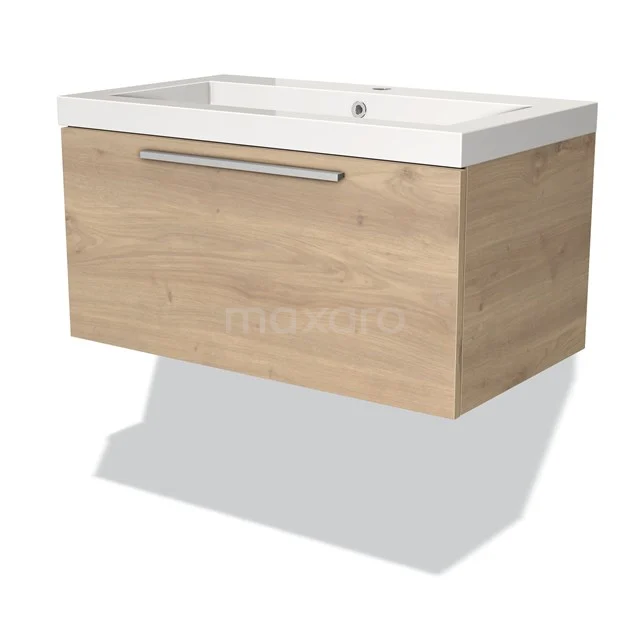 Wooden vanity unit with drawers and white ceramic sink, ideal for a modern bathroom.