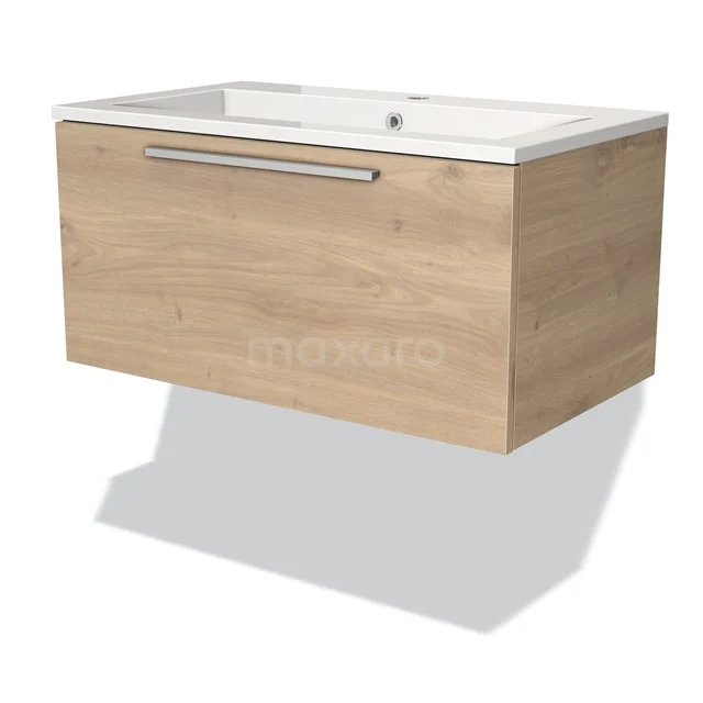 Wooden vanity unit with drawers, oak look, wall-mounted, white ceramic sink, suitable for modern bathrooms.