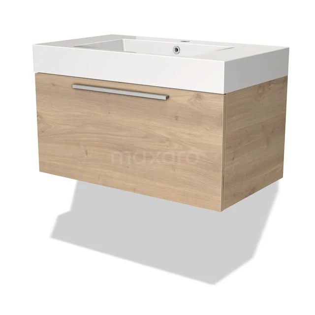 Modulo Waschtische | 80 cm Hellbraune Eiche Flach front Mineralguss 1 Schublade BMW11-01735 Holz Badmöbel mit weißem Waschbecken, Schublade mit metallischem Haltegriff; modernes Design, ideal für kompakte Bäder.