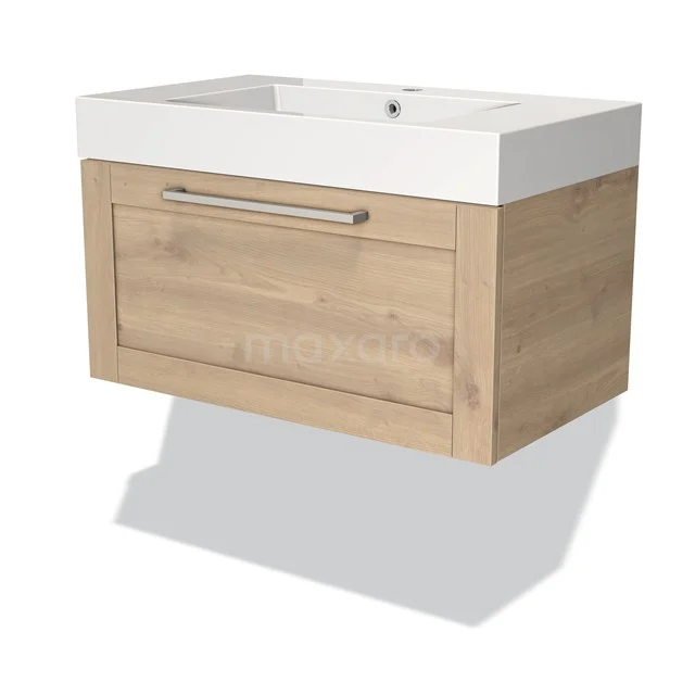 Wooden bathroom unit with drawers, white ceramic sink, modern design, ideal for stylish bathroom decoration.