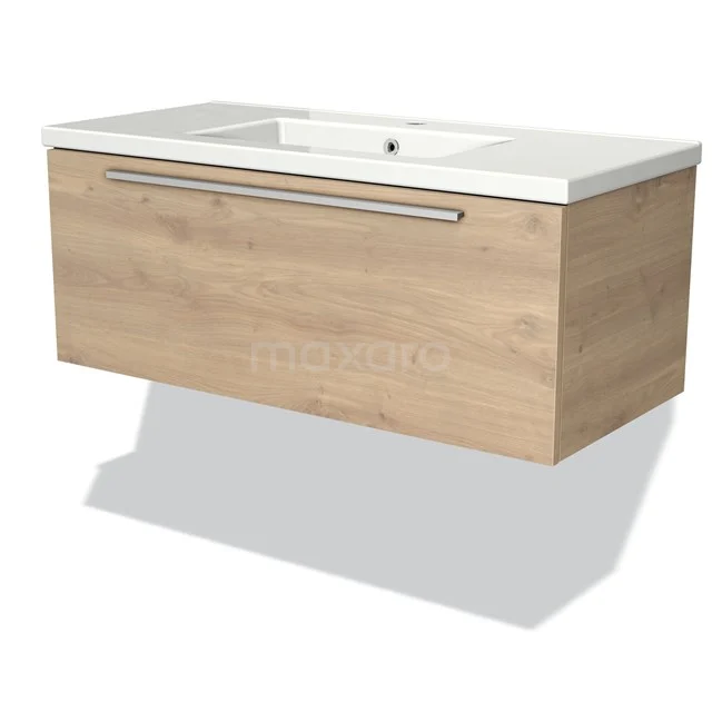 Modulo Bathroom furniture with sink | 100 cm Light brown oak Flat front Ceramic 1 drawer BMW11-01750 Oak bathroom unit with white vanity units with basin, floating design, wide drawers and metal handle for stylish bathroom storage.