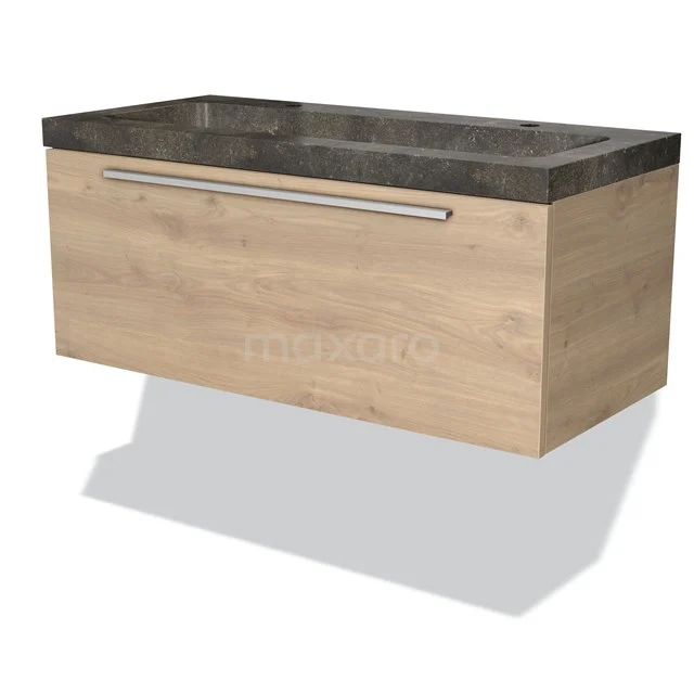 Badmöbel 100cm Modulo Hellbraune Eiche 1 Schublade Flaches Waschbecken Naturstein Blaustein BMW11-01754 Holz-Badmöbel mit grauer Natursteine Waschbeckenplatte, modernes Design und einer Schublade für stilvolle Badezimmerlagerung.