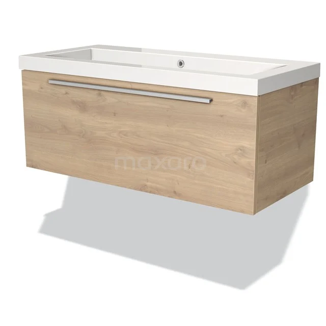 Holz-Badmöbel mit weißem Waschbecken, hängendes Design, moderne Ausstrahlung, geeignet für stilvolle Badezimmergestaltung.