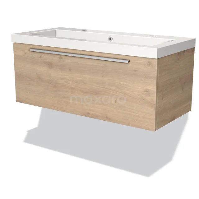 Holz Badezimmermöbel mit Schublade, heller Eiche Look, integriertes Waschbecken aus weißer Keramik, modernes Design.