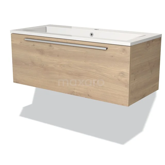 Holz Badezimmermöbel mit Wandmontage, Eiche-Look und weißem Waschbecken, modernes Design mit klaren Linien aus der Focus-Serie.