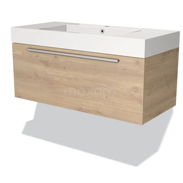 Wooden bathroom unit with white vanity units with basin, drawers and sleek handle; modern design for stylish bathroom fittings.