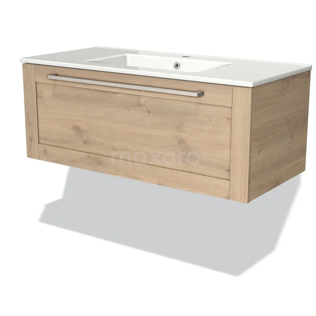 Wooden Bathroom unit with Oak look, white drawers and soft-close drawer; perfect for modern bathroom furnishing.