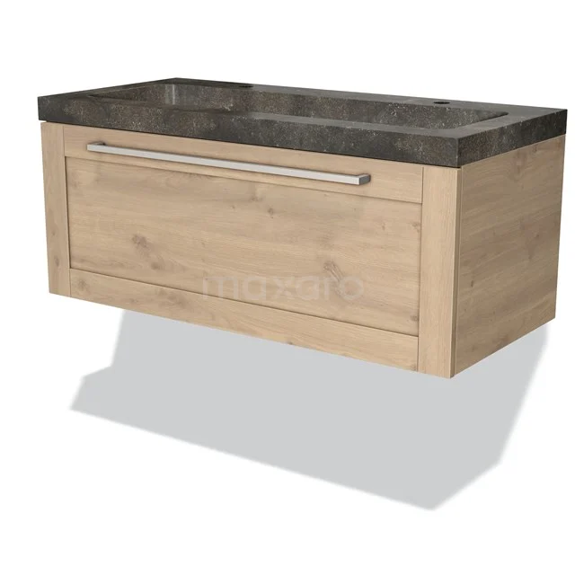 Wooden bathroom unit with dark stone-look basin, drawer with silver handle, modern floating design, suitable for any bathroom.