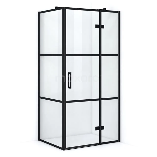 Schwarze industrielle Duschkabine mit Glaspanelen, geeignet für moderne Bäder, schlankes Design mit matter schwarzer Oberfläche.