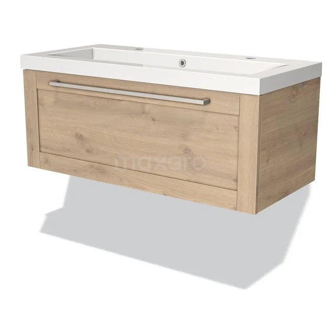 Modulo Vanity units with basin | 100 cm Light brown oak Frame front Mineral marble 1 drawer BMW11-01773 Wooden vanity unit with oak look, drawers and white sink; stylish bathroom design from modern furniture series.