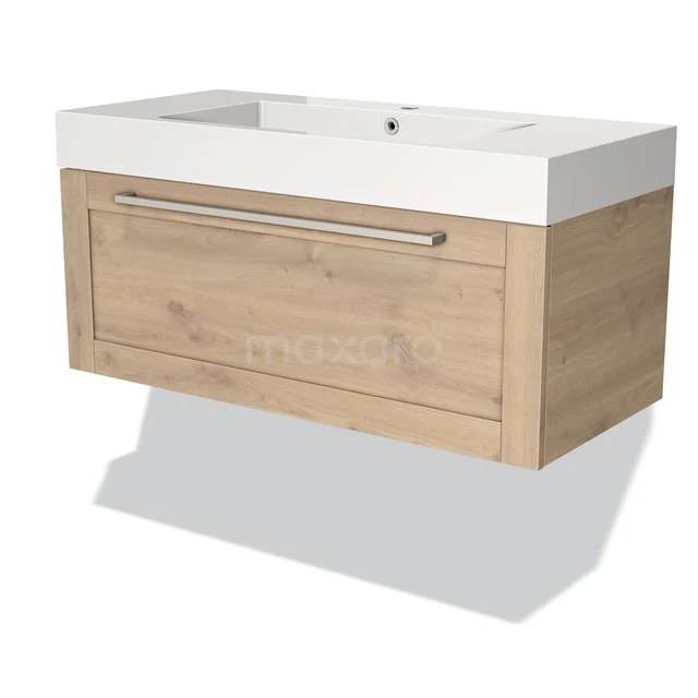 Modulo Vanity units with basin | 100 cm Light brown oak Frame front Mineral marble 1 drawer BMW11-01777 Wooden bathroom unit with drawers, light oak look, including white basin, modern and suitable for a sleek bathroom style.