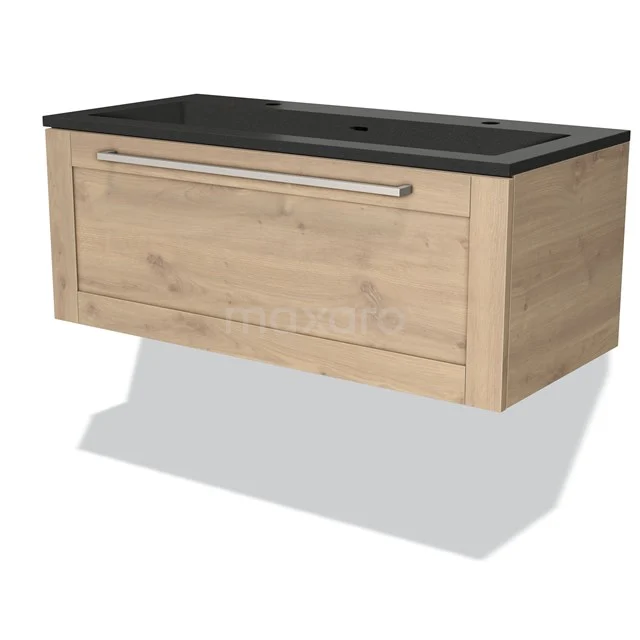 Modulo Bathroom furniture with sink | 100 cm Light brown oak Frame front Quartz 1 drawer BMW11-01778 Wooden bathroom unit with drawers, black basin worktop and modern look, ideal for stylish bathroom design.