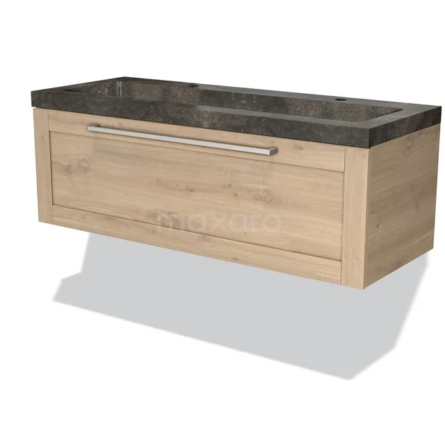 Wooden bathroom unit with drawers and black stone basin worktop, modern floating design made of natural oak material.